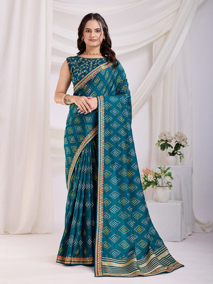 Teal blue color vichitra silk saree for women