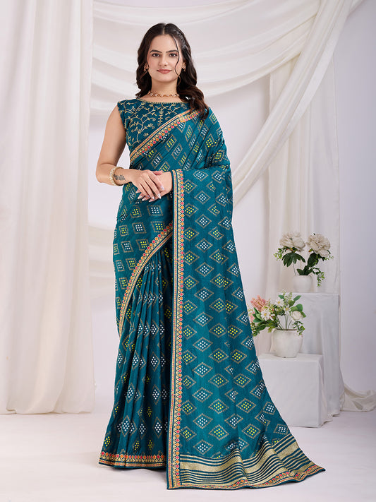 Teal blue color vichitra silk saree for women