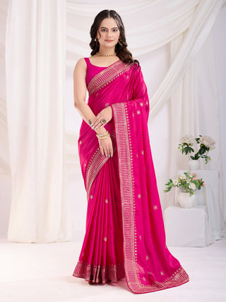 Pink color chinon silk saree with blouse with online