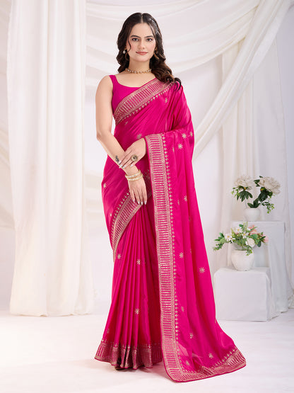 Pink color chinon silk saree with blouse with online