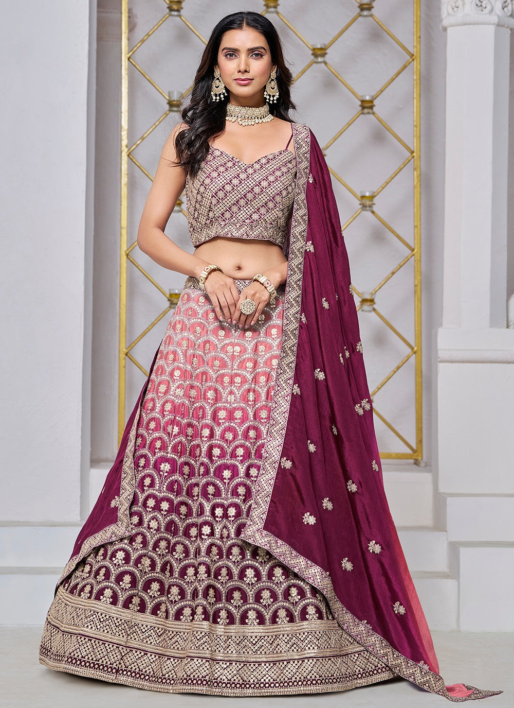 Pink color chinon lehenga choli for women