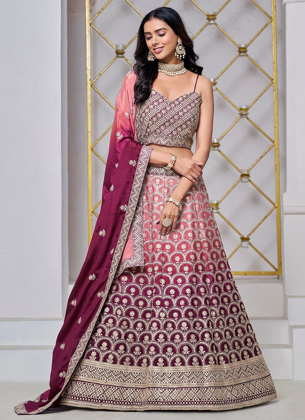 Pink color chinon lehenga choli for wedding