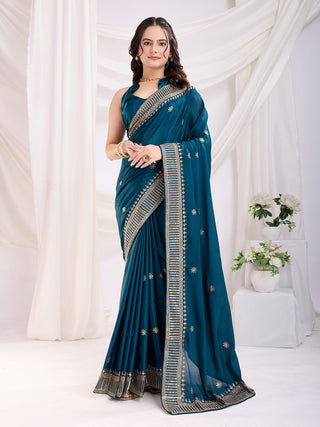 Teal blue color chinon silk for women
