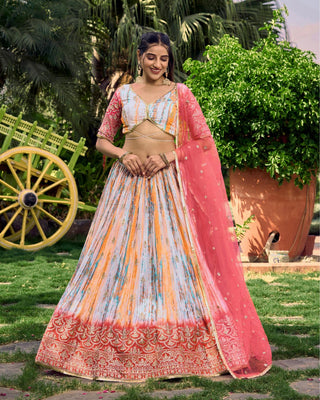 Impressive digital printed chinon silk designer lehenga choli price online