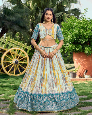 Sabyasachi Blue Digital Printed Bridal Wear Lehenga Choli For Women