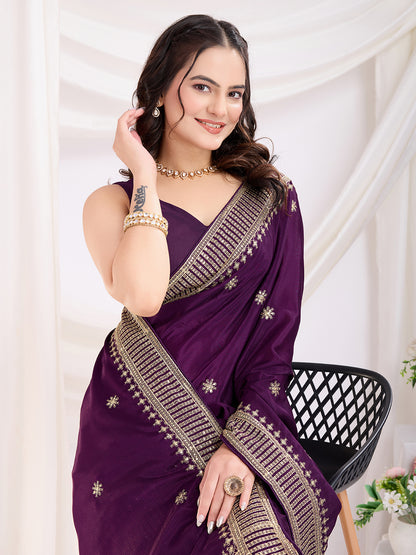 Violet color chinon silk saree with blouse price