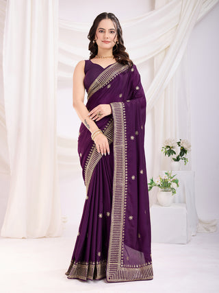 Violet color chinon silk saree for women