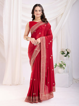 Red color chinon silk saree for women