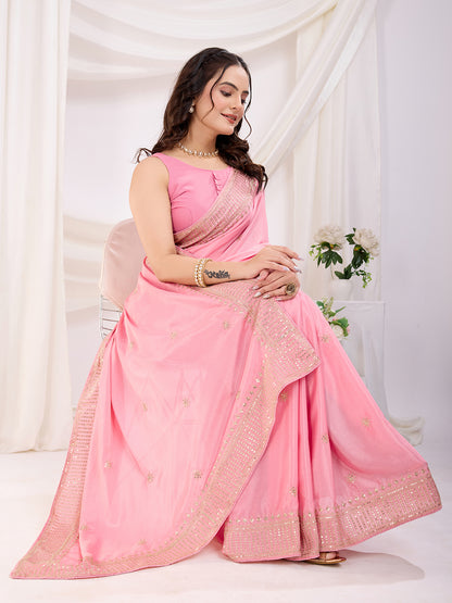 Pink color chinon silk saree with blouse