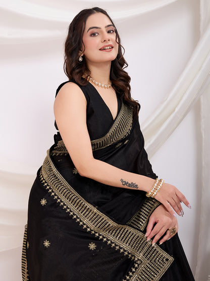 Black color chinon silk saree with blouse price