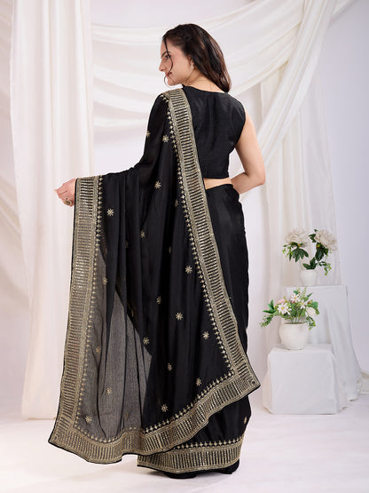 Black color chinon silk saree with blouse price