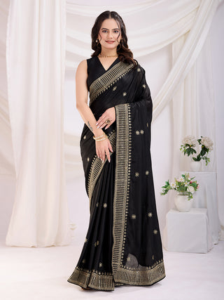 Black color chinon silk saree for women