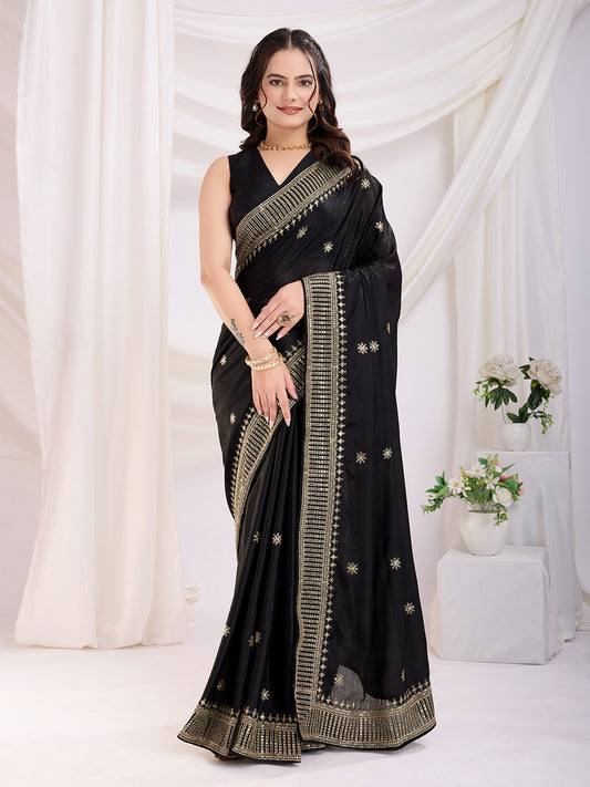 Black color chinon silk saree for women