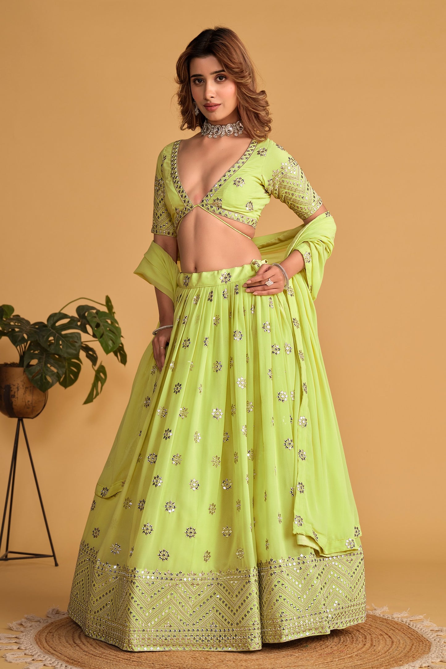 Beautiful Neon Color Georgette Sequins Embroidered Lehenga Choli for Party