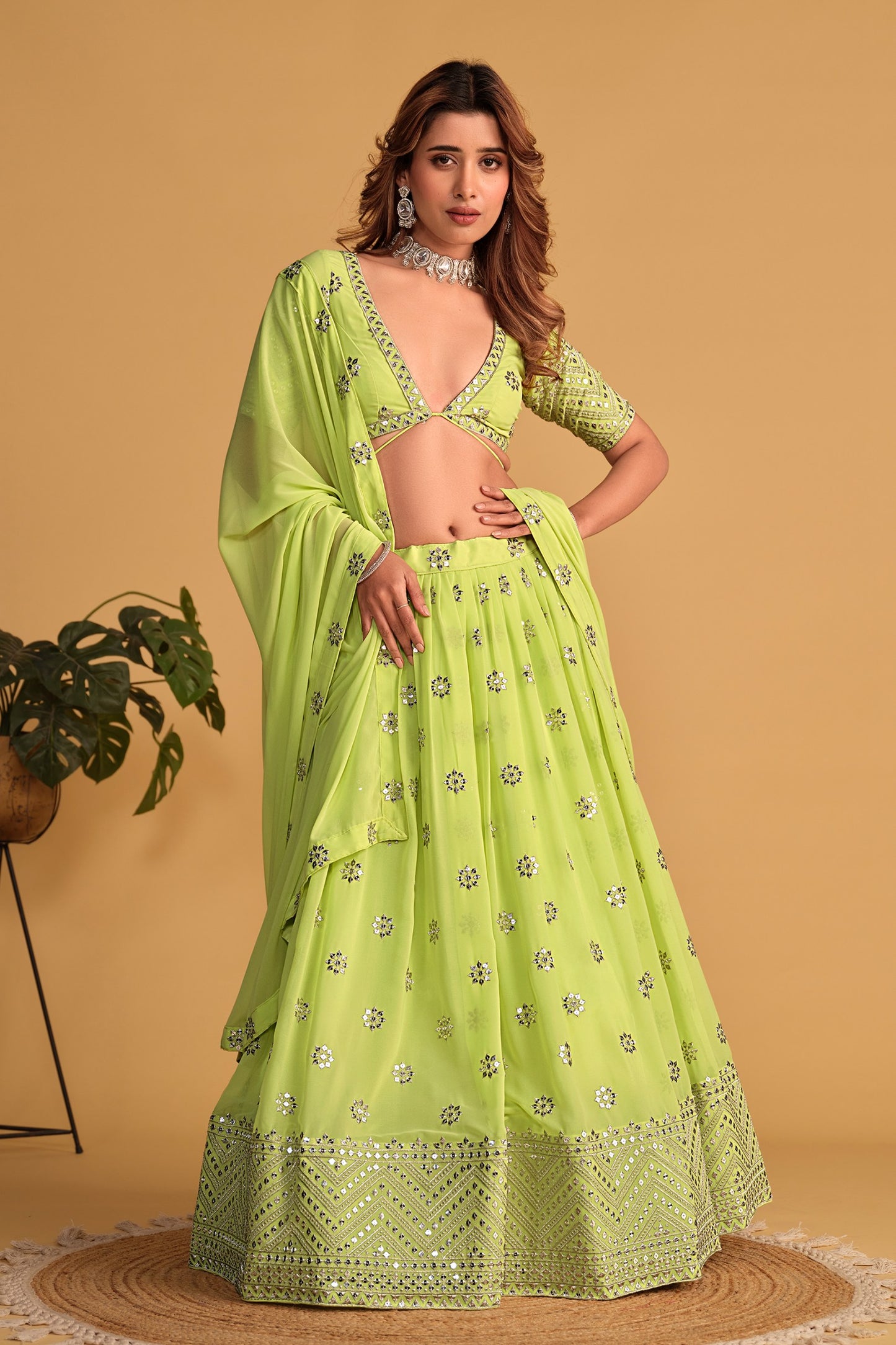 Beautiful Neon Color Georgette Sequins Embroidered Lehenga Choli for Party