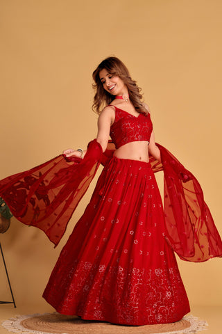 red lehenga for engagement