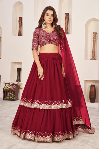 red georgette wedding lehenga choli