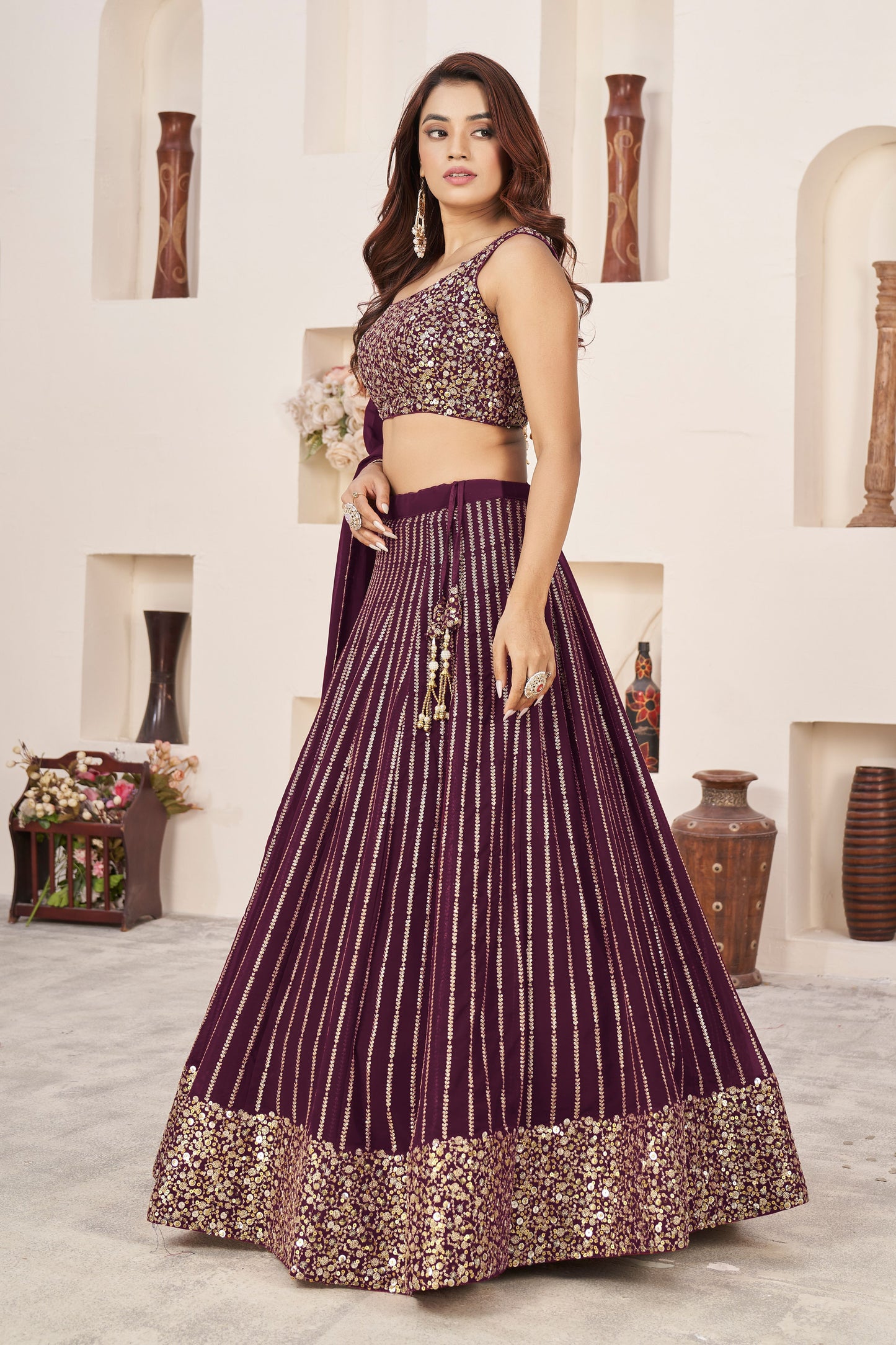 georgette wine lehenga engagement