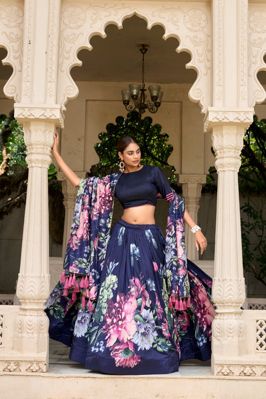 Navy blue tussar silk lehenga choli with price
