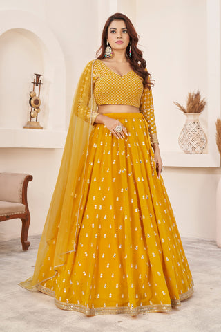 Georgette yellow colour lehenga for engagement