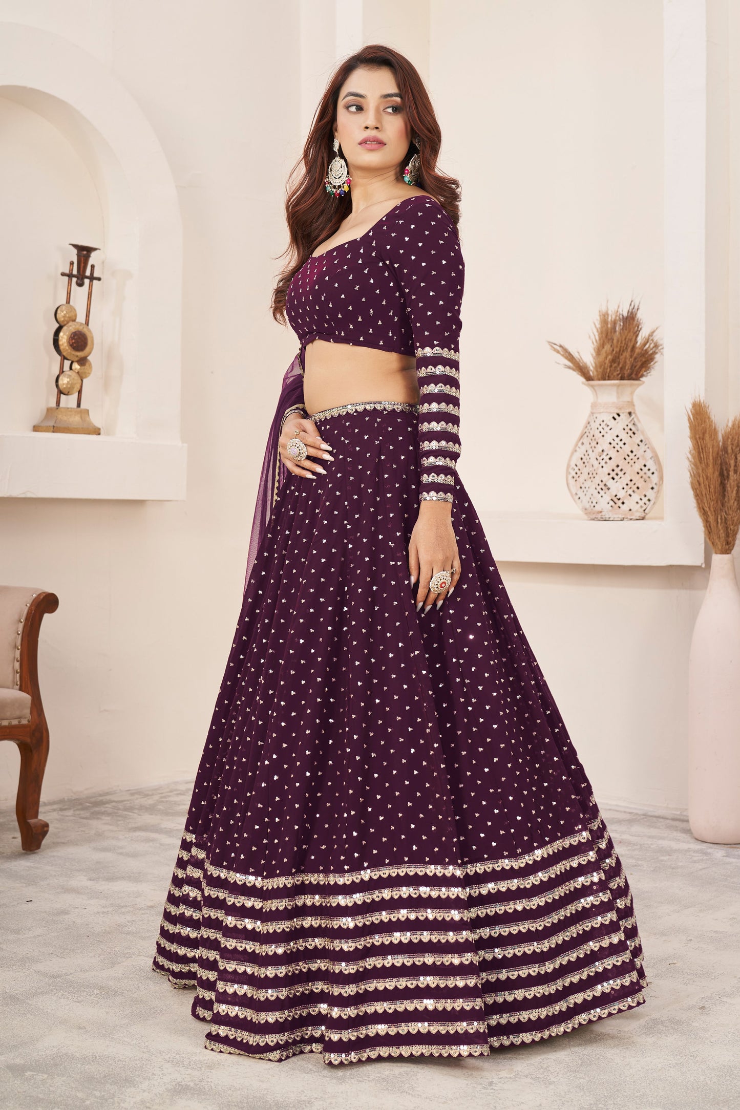 georgette wine lehenga for wedding