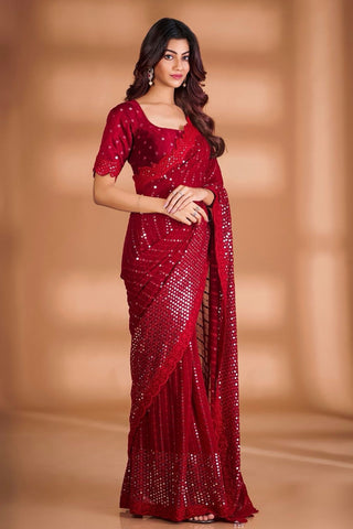 Red Georgette Sequins Saree For Women