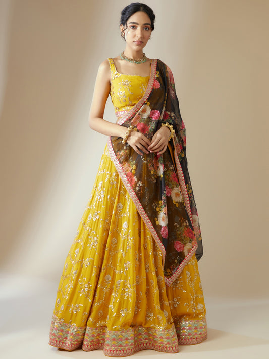 Yellow color georgette lehenga choli online
