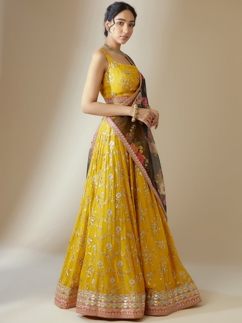 Yellow color embroidery work lehenga 