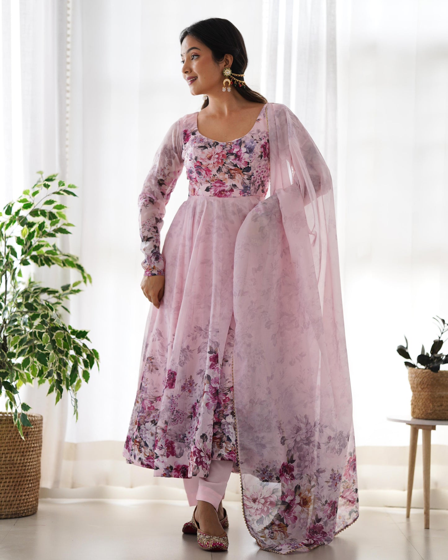 Pink color organza silk salwar suit with dupatta 