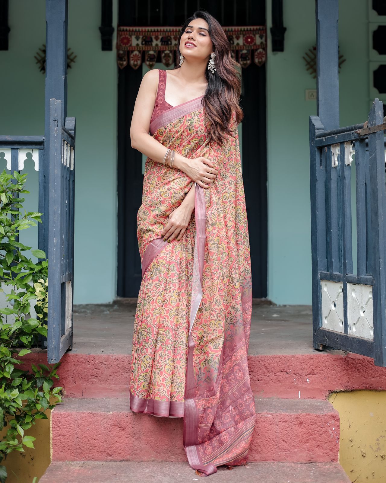 Multi color linen printed saree for women