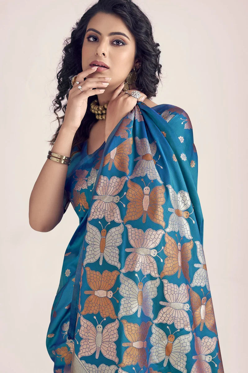 Peacock blue color banarasi silk saree or women online