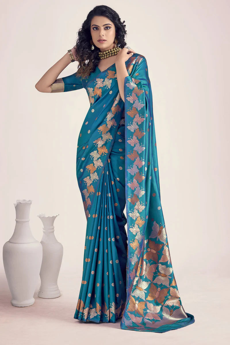 Peacock blue color banarasi silk saree or women