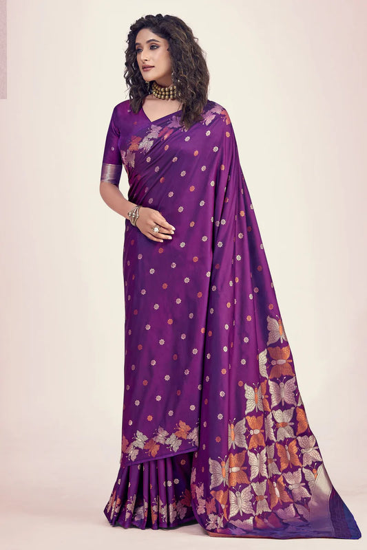 Purple banarasi silk saree for women