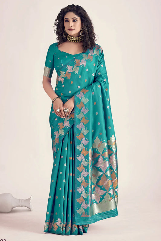 Rama color banarasi silk saree for women
