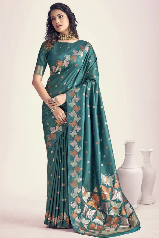 Green color banarasi silk saree for women