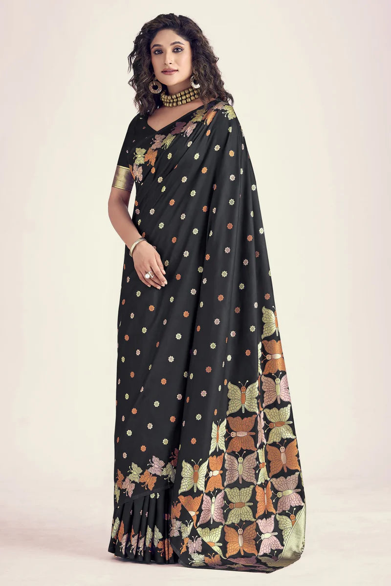 Black color banarasi silk saree for women