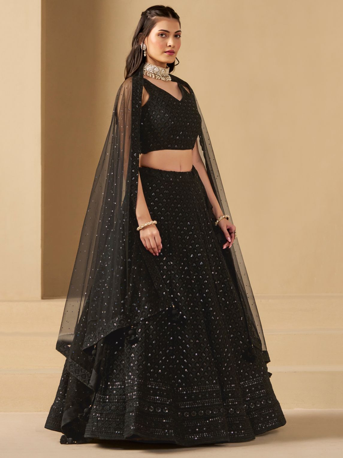 Black color georgette lehenga choli with dupatta online shopping