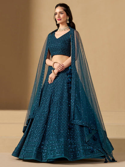 Teal color georgette lehenga choli with dupatta 