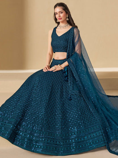 Teal color georgette lehenga choli with dupatta images