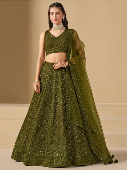 Mehendi color georgette lehenga choli for women