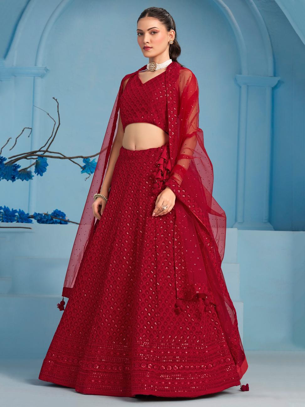 Red color georgette lehenga choli with online shopping