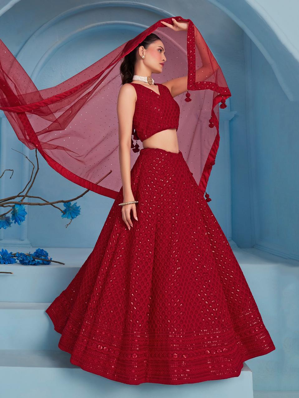 Red color georgette lehenga choli for reception