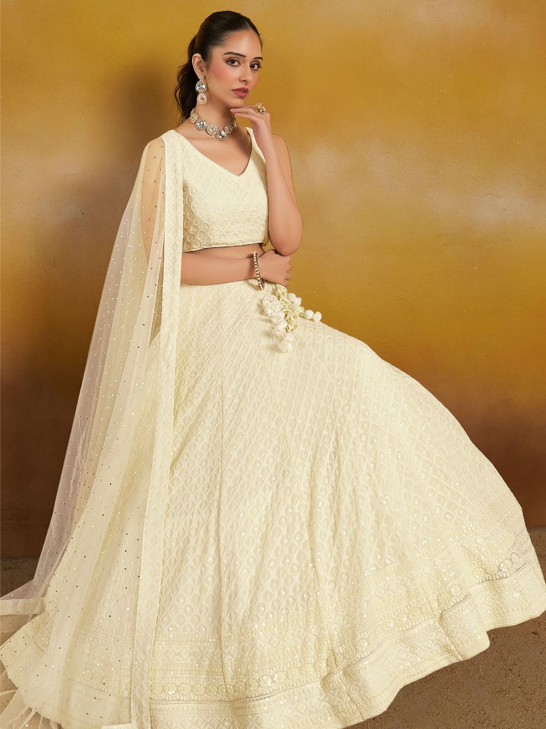White color georgette lehenga choli with dupatta online