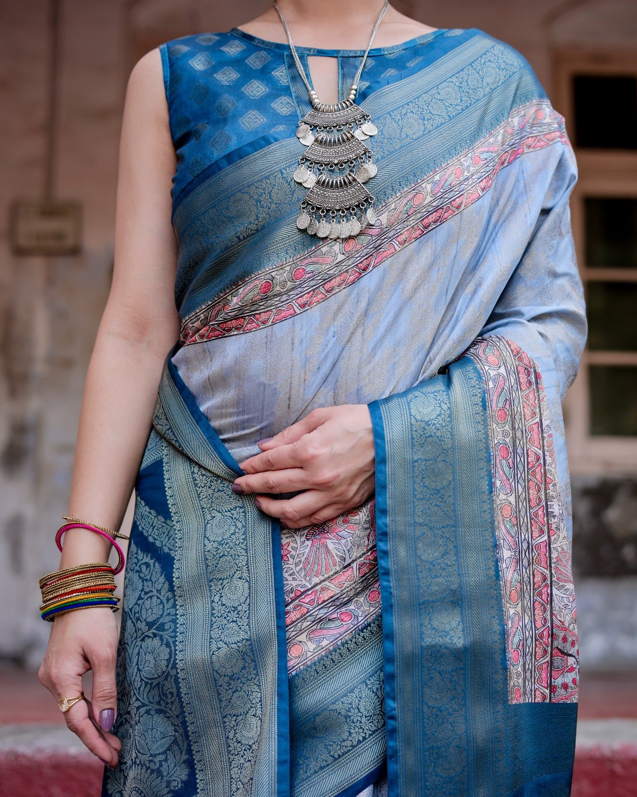 Blue color banarasi silk saree with blouse images