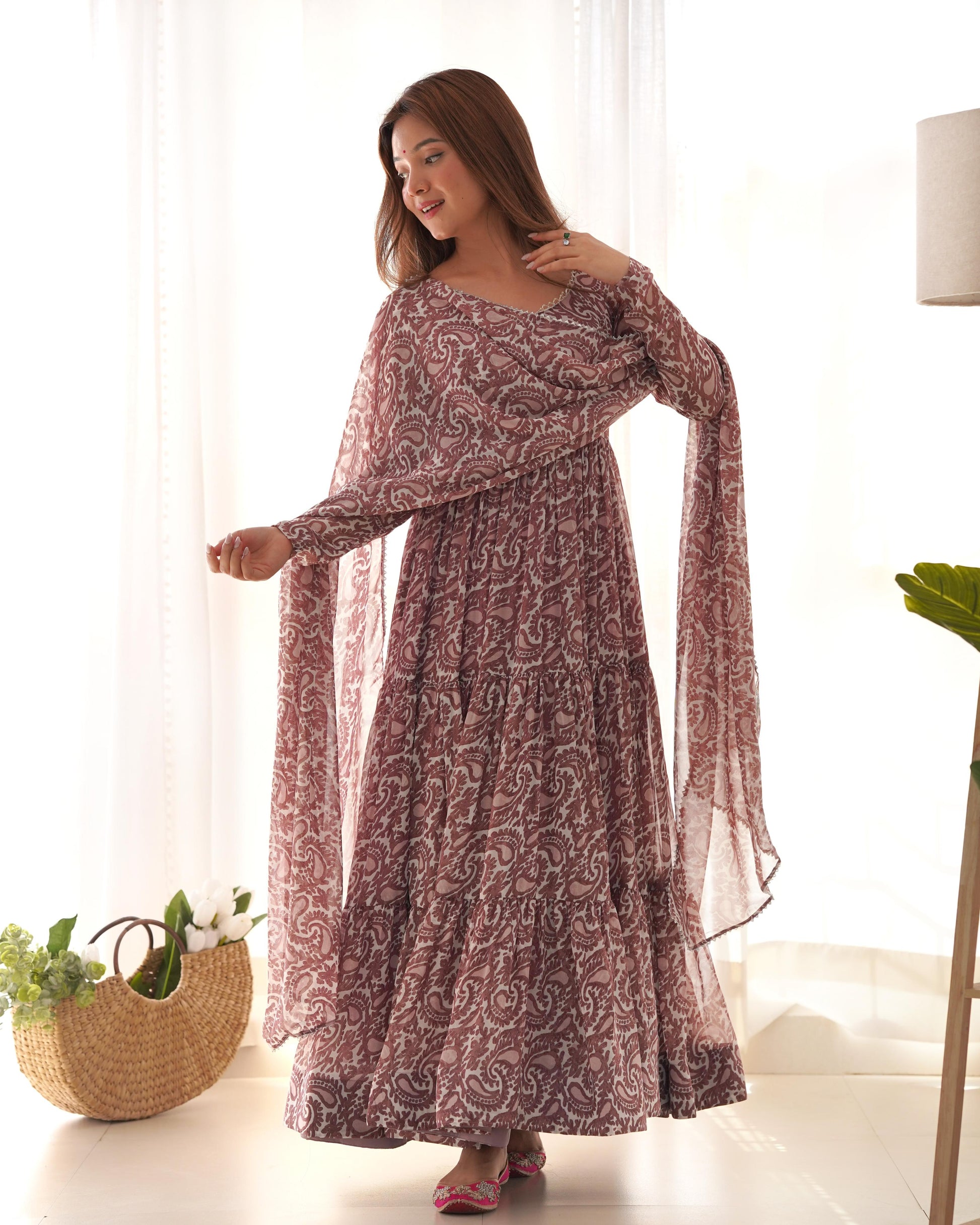 Brown color georgette printed long gown online