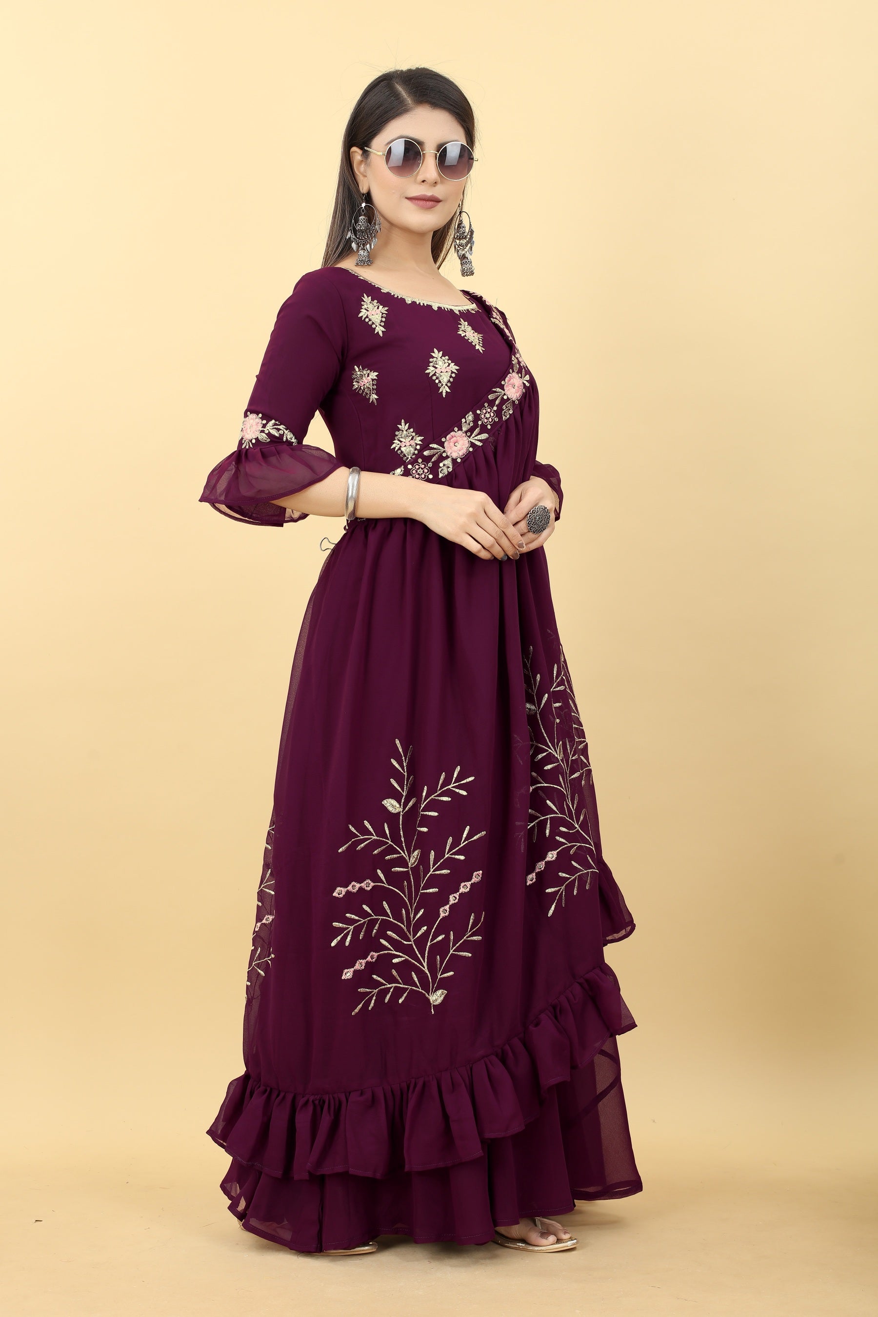 Wine georgette gown with shrug for wedding party
