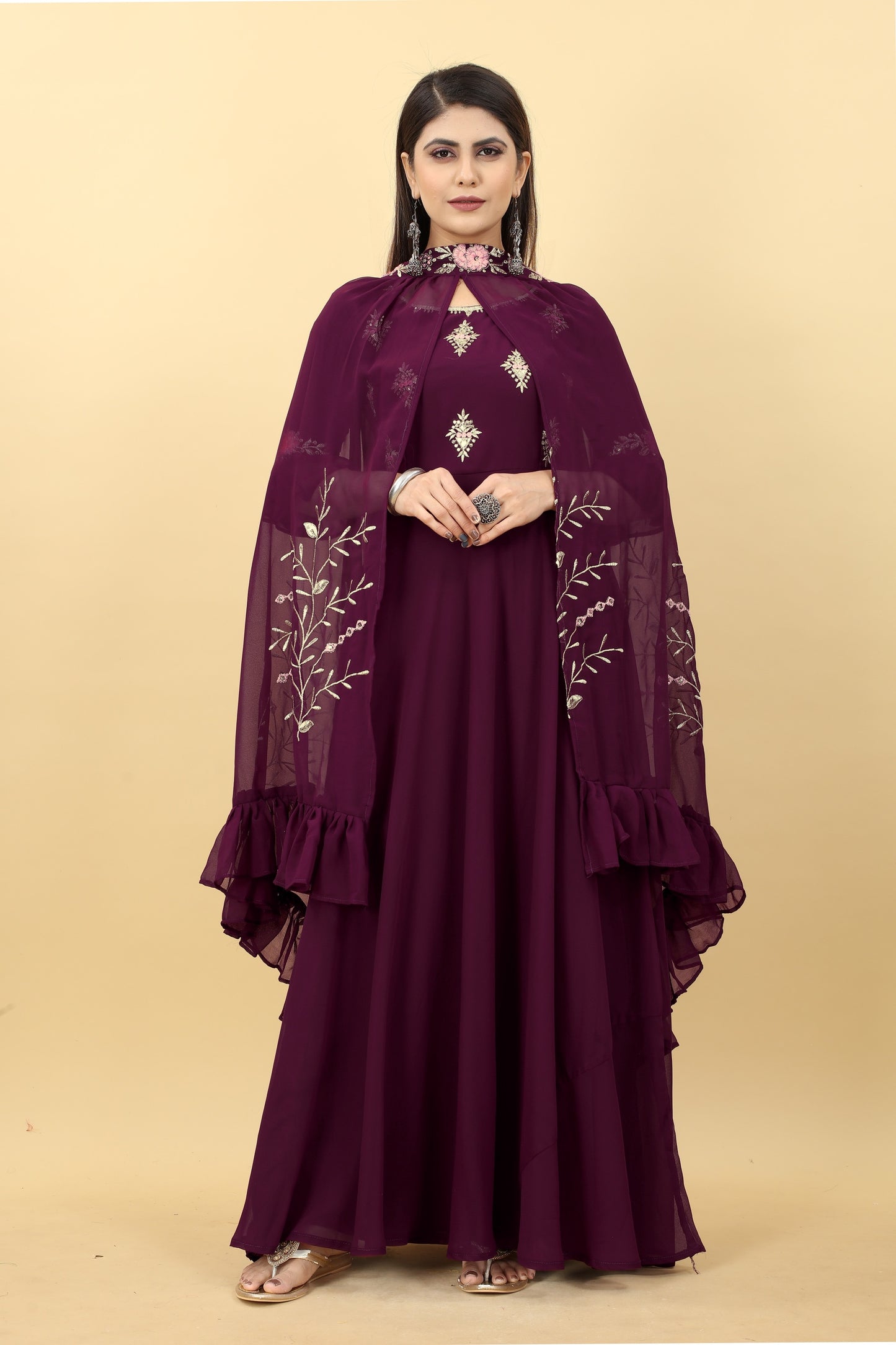 Wine georgette gown with shrug images

