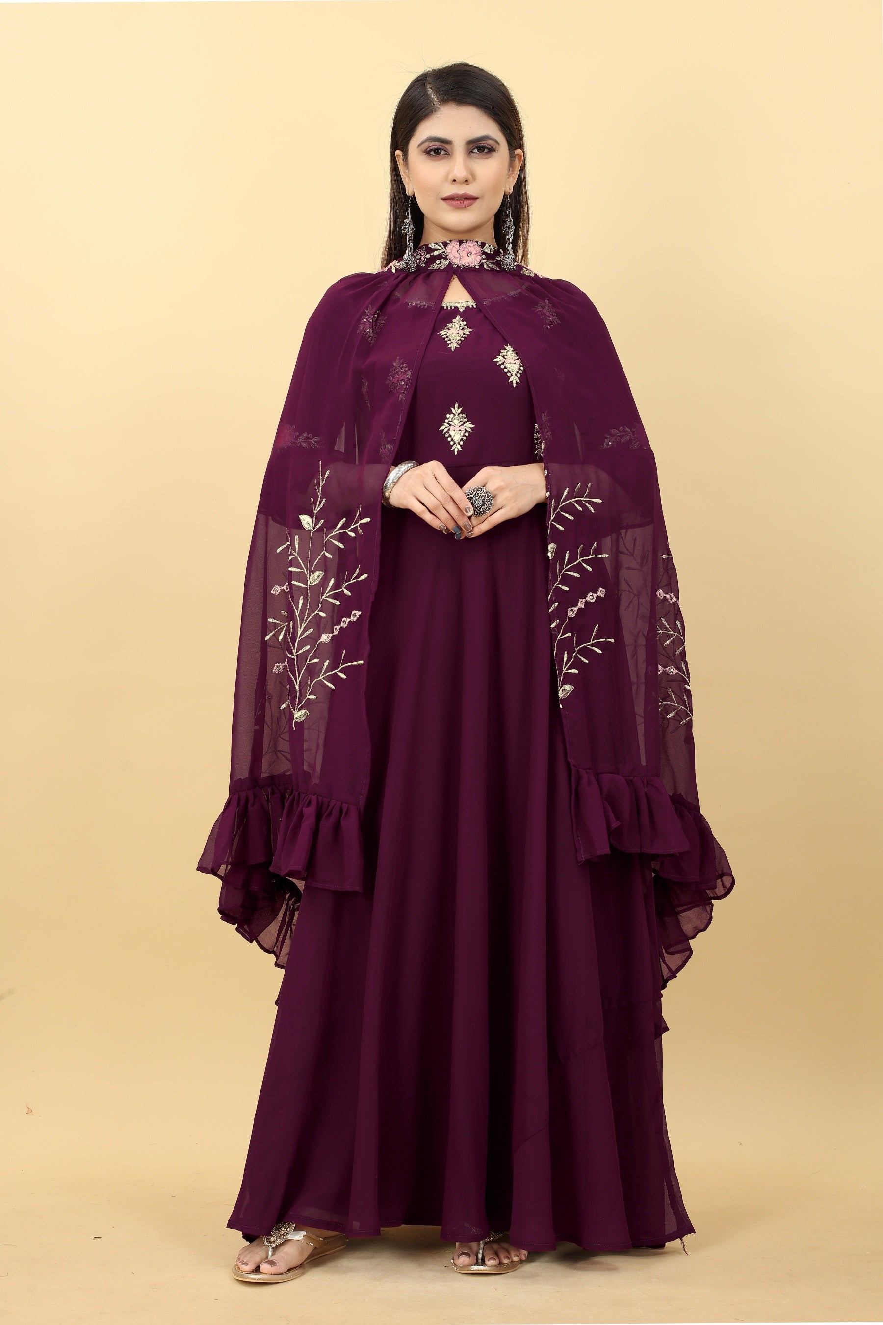 Wine georgette gown with shrug images
