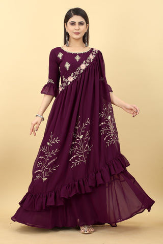 Wine georgette gown with shrug for wedding
