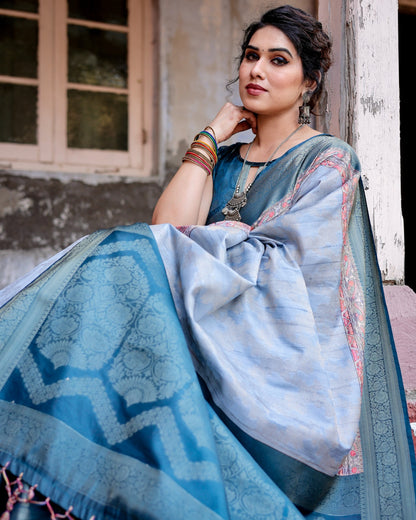Blue color banarasi silk saree with blouse design